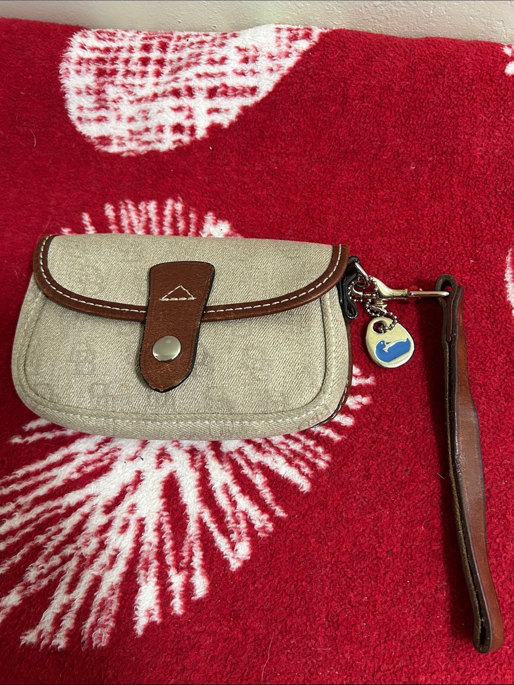 Dooney & Bourke Beige Canvas Wristlet with Brown Trim and Charm